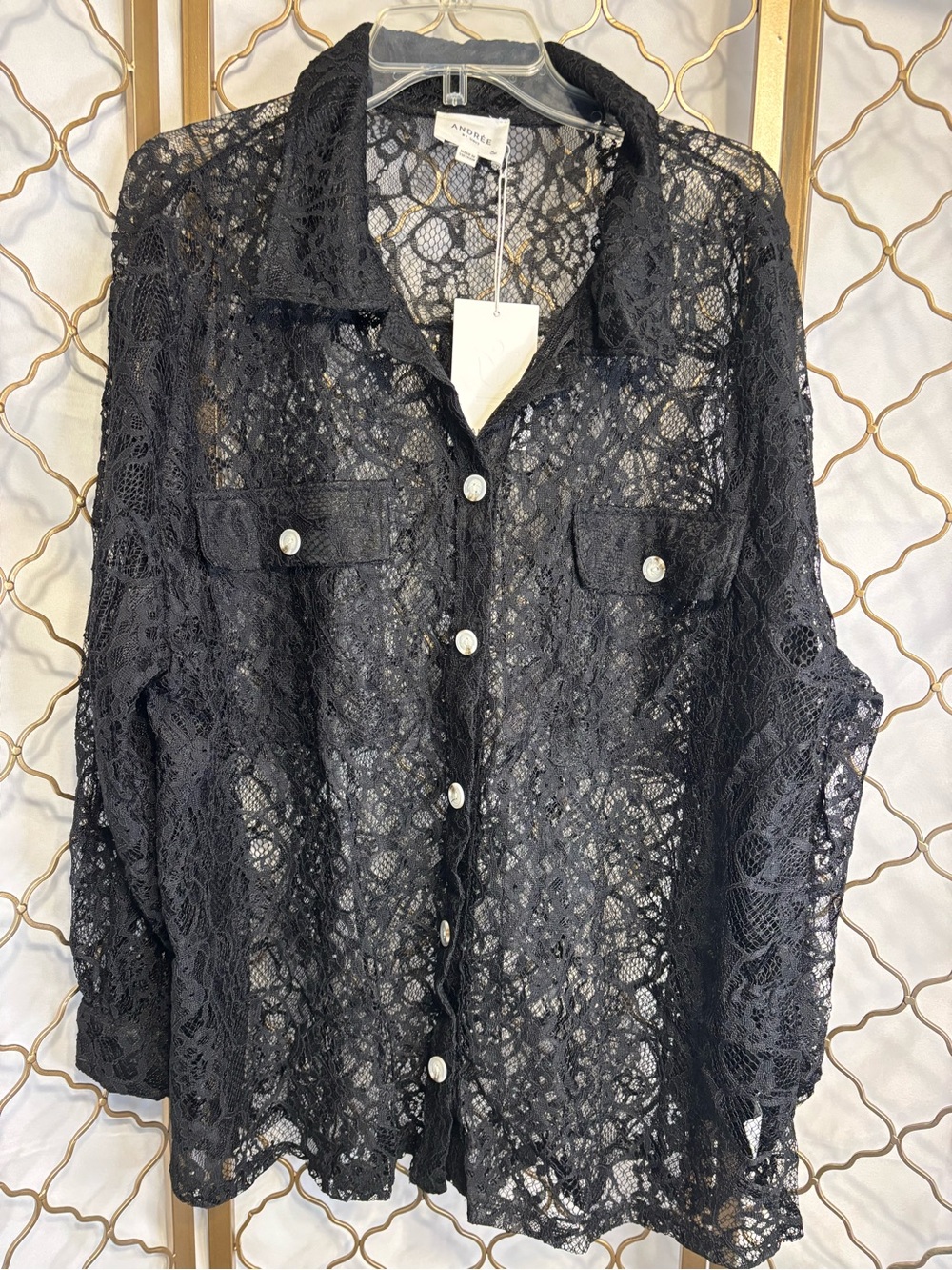 NWT ANDREE BY UNIT Black Lace Button-Down Shirt Jacket Cover-Up Size 3X